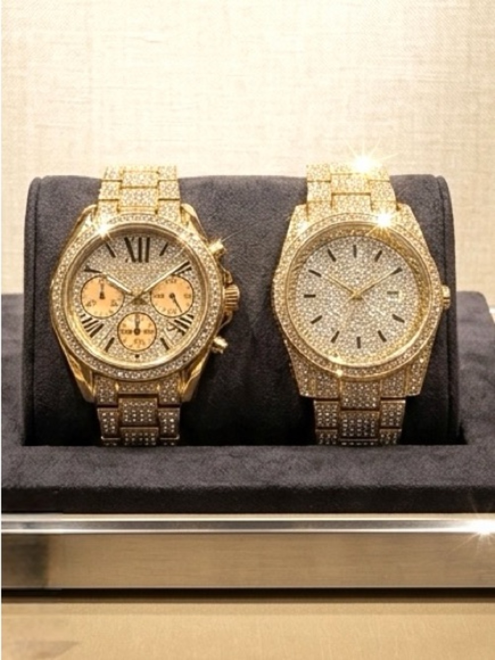 Two-Tone Iced-Out CZ Watch Set - Gold & Silver Stainless Steel Couple Watches